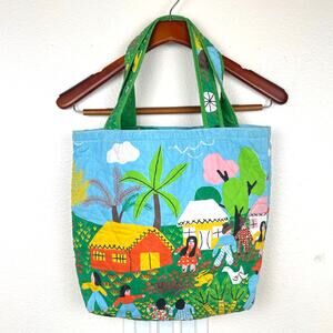 Vintage Womens Tote Bag Medium Quilted Artsy Colorful Animals Farm Hippie Boho